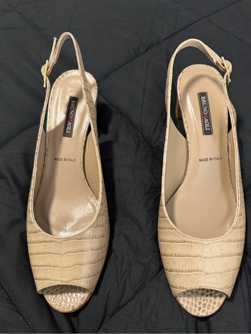 Bruno Magli Beige Croc-Embossed Slingback Peep-Toe Mules